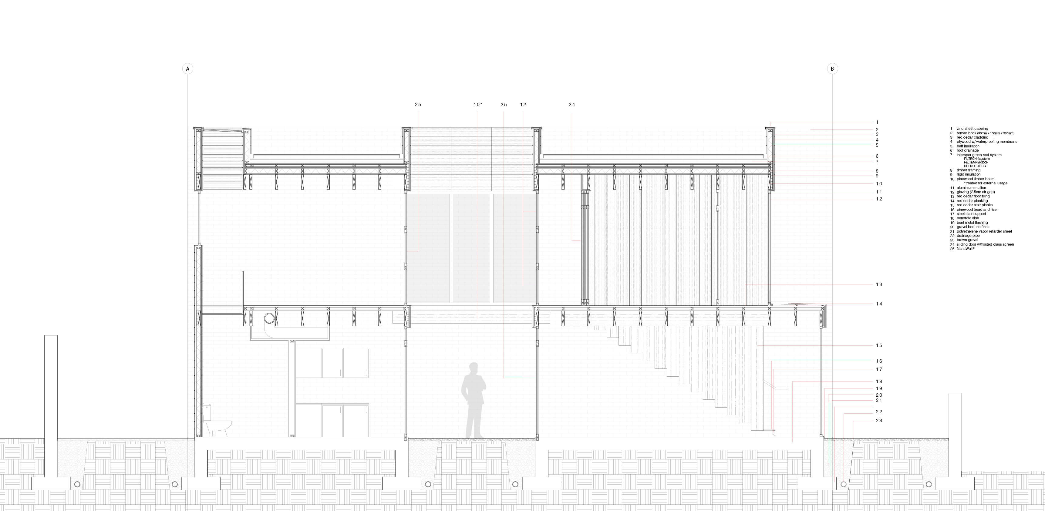 Detailed section drawing the cutting through the study/private and kitchen/public spaces